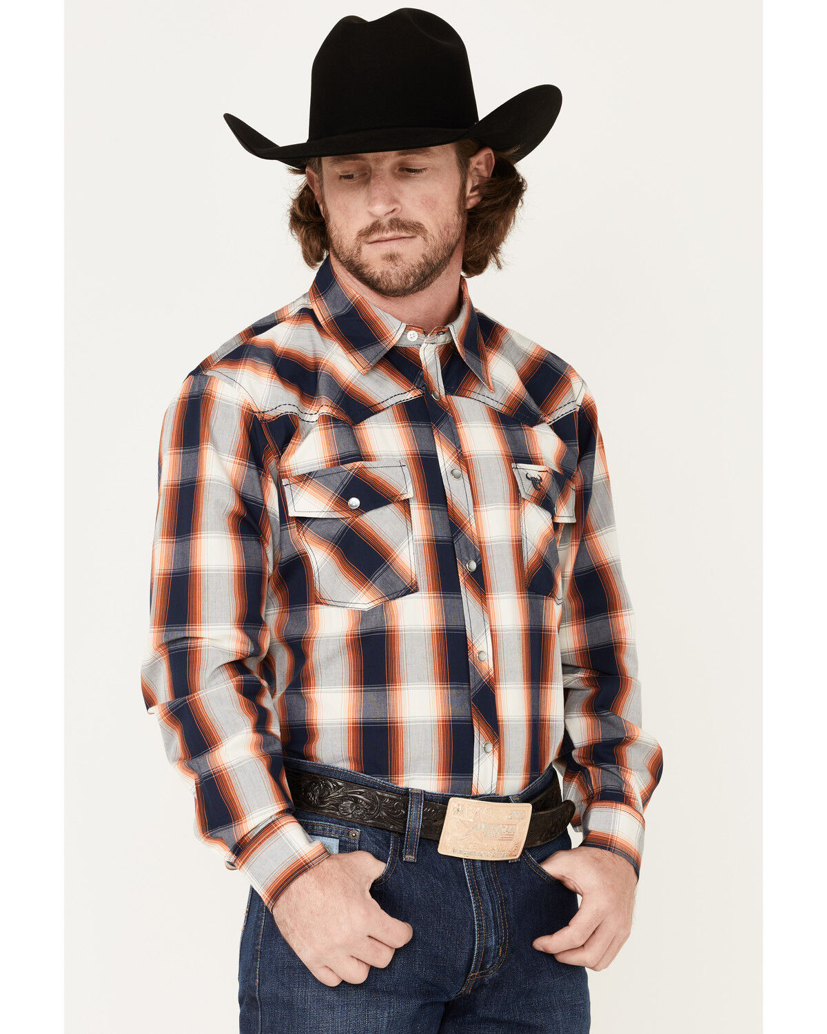 Image #2 - Cowboy Hardware Men's Hombre Large Plaid Pearl Snap Western Shirt, Orange, hi-res