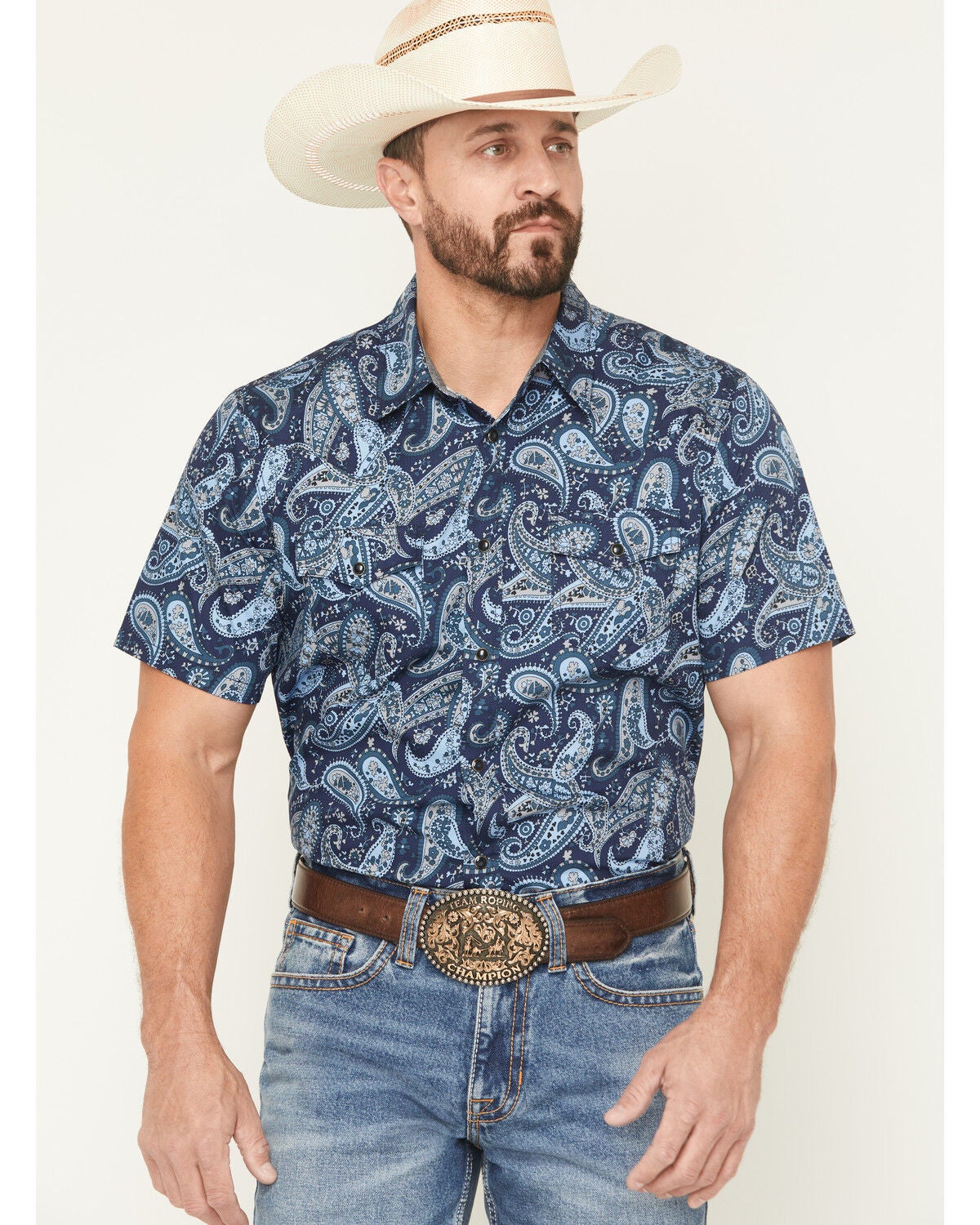 Cody James Men's Westward Paisley Print Short Sleeve Snap Western Shirt, Navy, hi-res