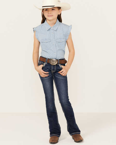 Image #1 - Shyanne Little Girls' Dark Wash Horseshoe Pocket Bootcut Stretch Denim Jeans , Medium Wash, hi-res