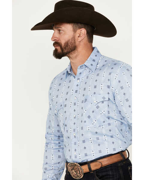 Image #2 - Rough Stock by Panhandle Men's Chambray Southwestern Print Long Sleeve Snap Western Shirt, Blue, hi-res