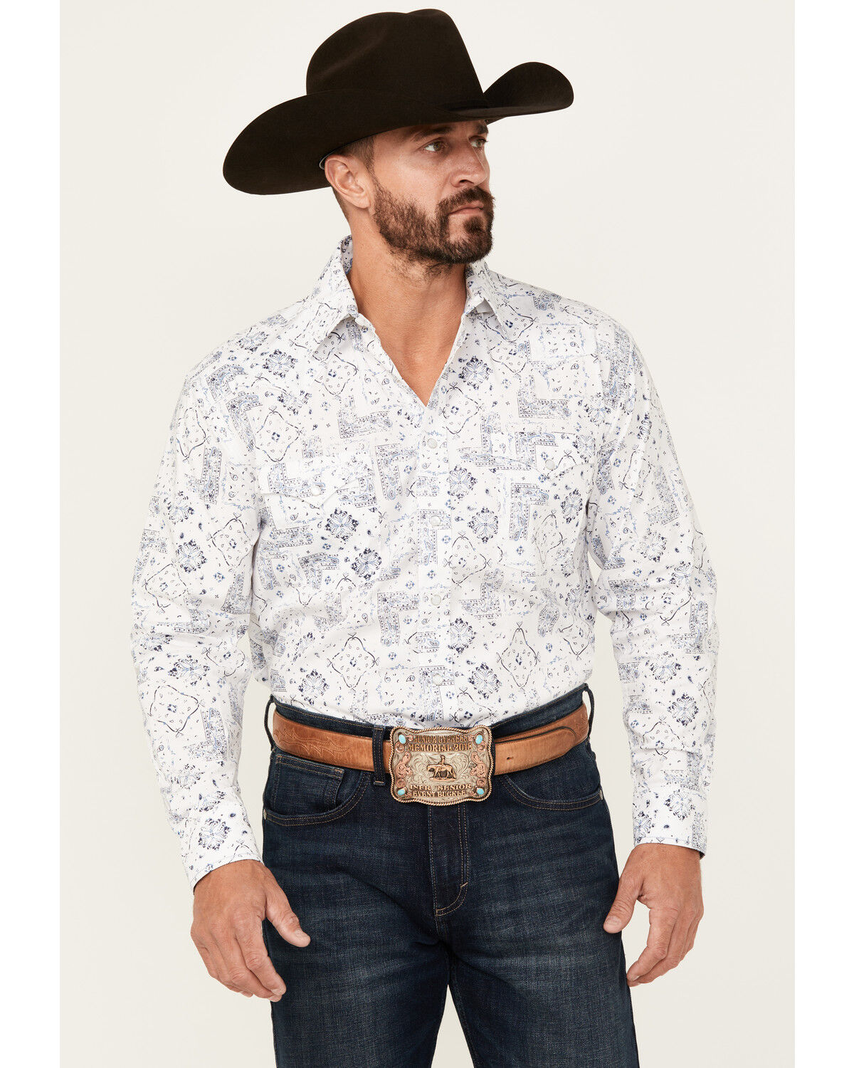 Image #1 - Rough Stock by Panhandle Men's Bandana Print Long Sleeve Pearl Snap Western Shirt, White, hi-res