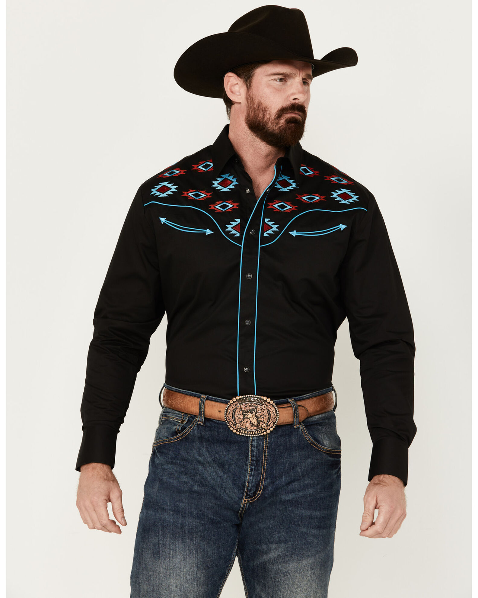 Rodeo Clothing Men s Fancy Smiley Yoke Embroidered Long Sleeve Snap Western Shirt Sheplers