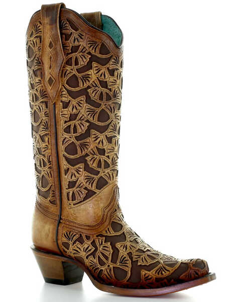 Image #1 - Corral Women's Floral Inlay Western Boots - Snip Toe , Honey, hi-res