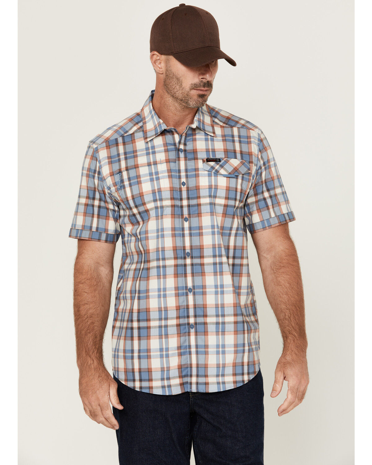 Image #1 - ATG by Wrangler Asymmetric Plaid Print Short Sleeve Button-Down Performance Western Shirt, Light Blue, hi-res