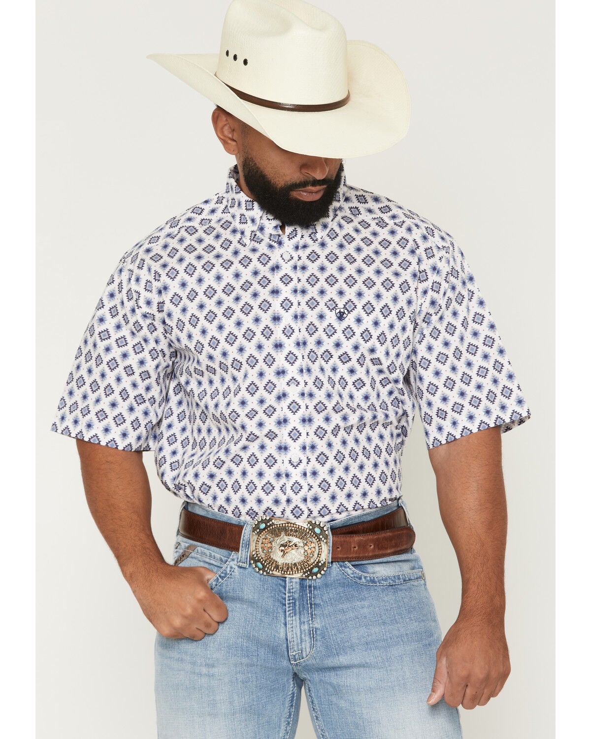 Ariat Men's Baxter Southwestern Print Short Sleeve Button-Down Western Shirt, White, hi-res