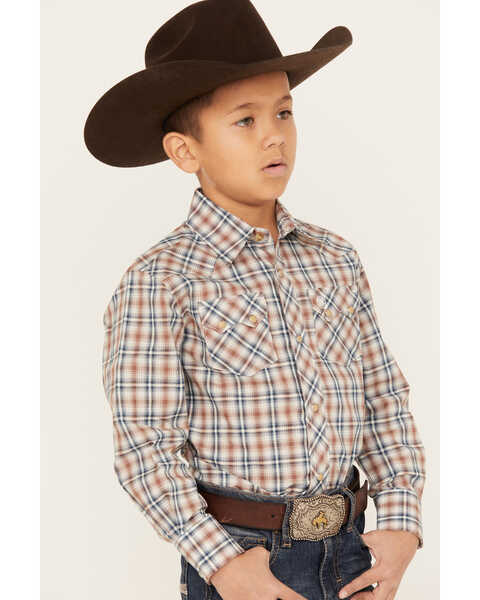 Image #2 - Wrangler Boys' Plaid Print Long Sleeve Western Snap Shirt, Brown, hi-res