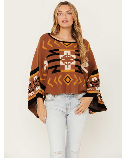 Image #1 - Cotton & Rye Women's Southwestern Print Poncho Sweater, Brown, hi-res