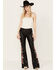 Driftwood Women's High Rise Vegan Leather Fallen Roses Flare Pants, Black, hi-res