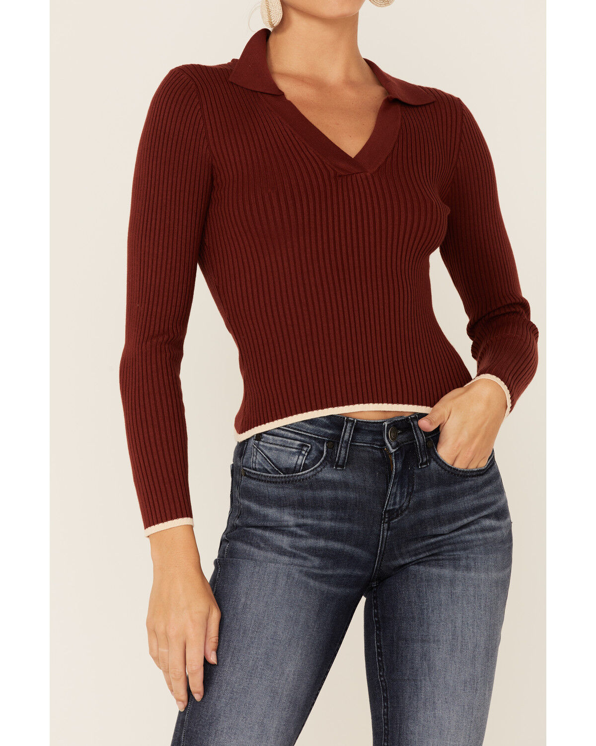 Image #2 - Shyanne Women's Chocolate Collared Ribbed Top, Chocolate, hi-res
