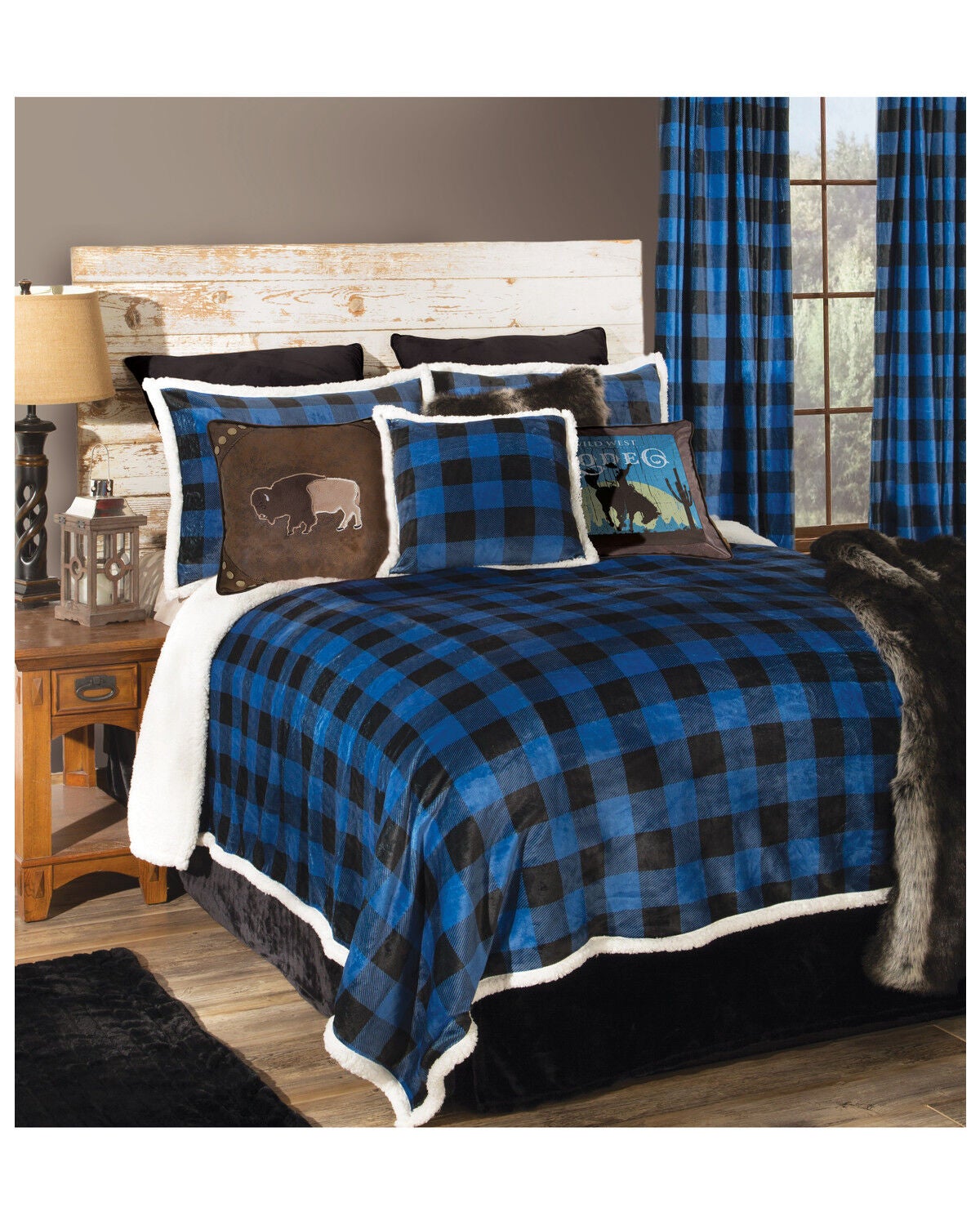 Carstens Home Wrangler Lumberjack Buffalo Plaid Sherpa Fleece Queen Bedding Set - 4 Piece, Blue, hi-res
