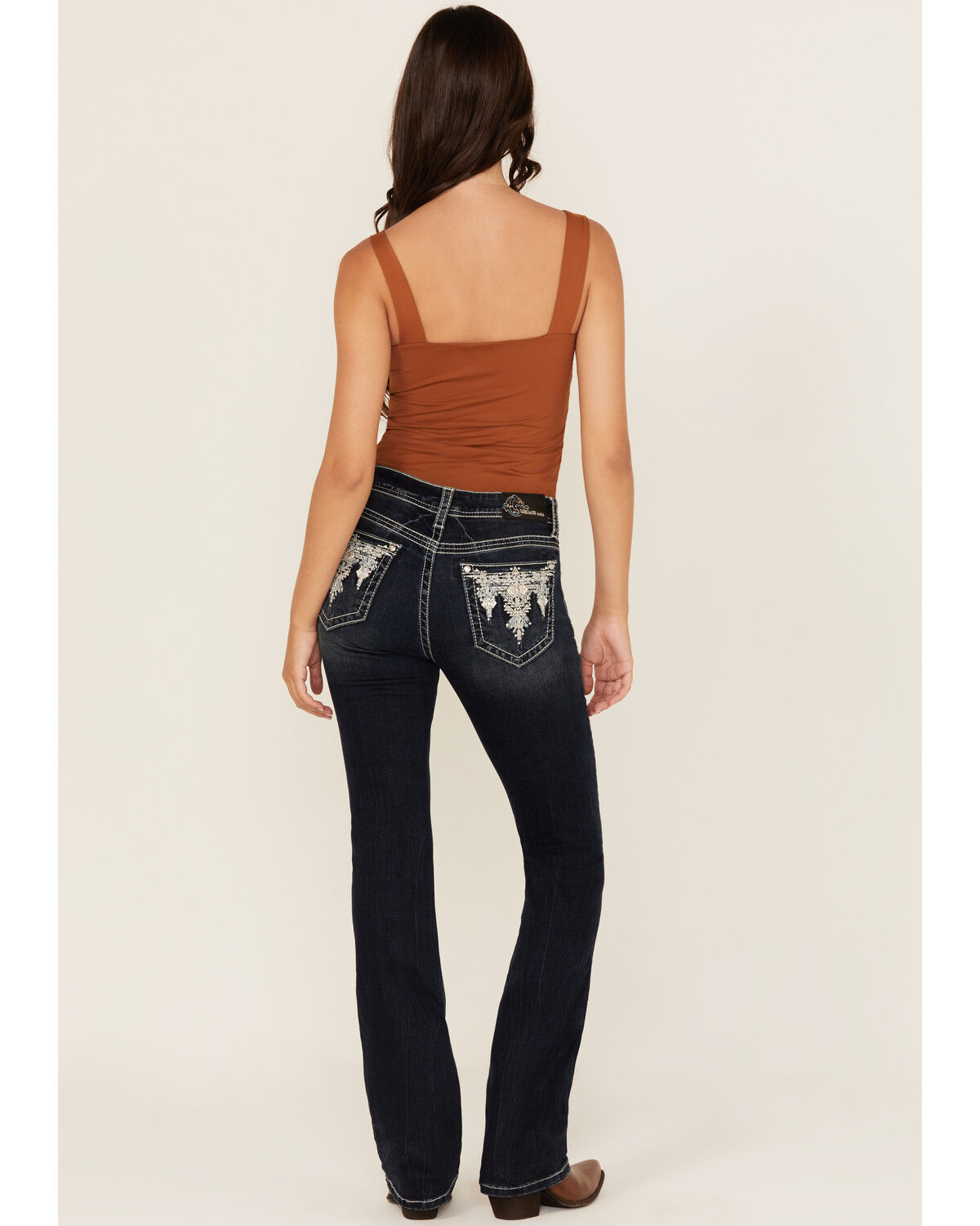 Image #1 - Grace In LA Women's Dark Wash Geo Print Embroidered Mid Rise Bootcut Stretch Denim Jeans, Dark Wash, hi-res