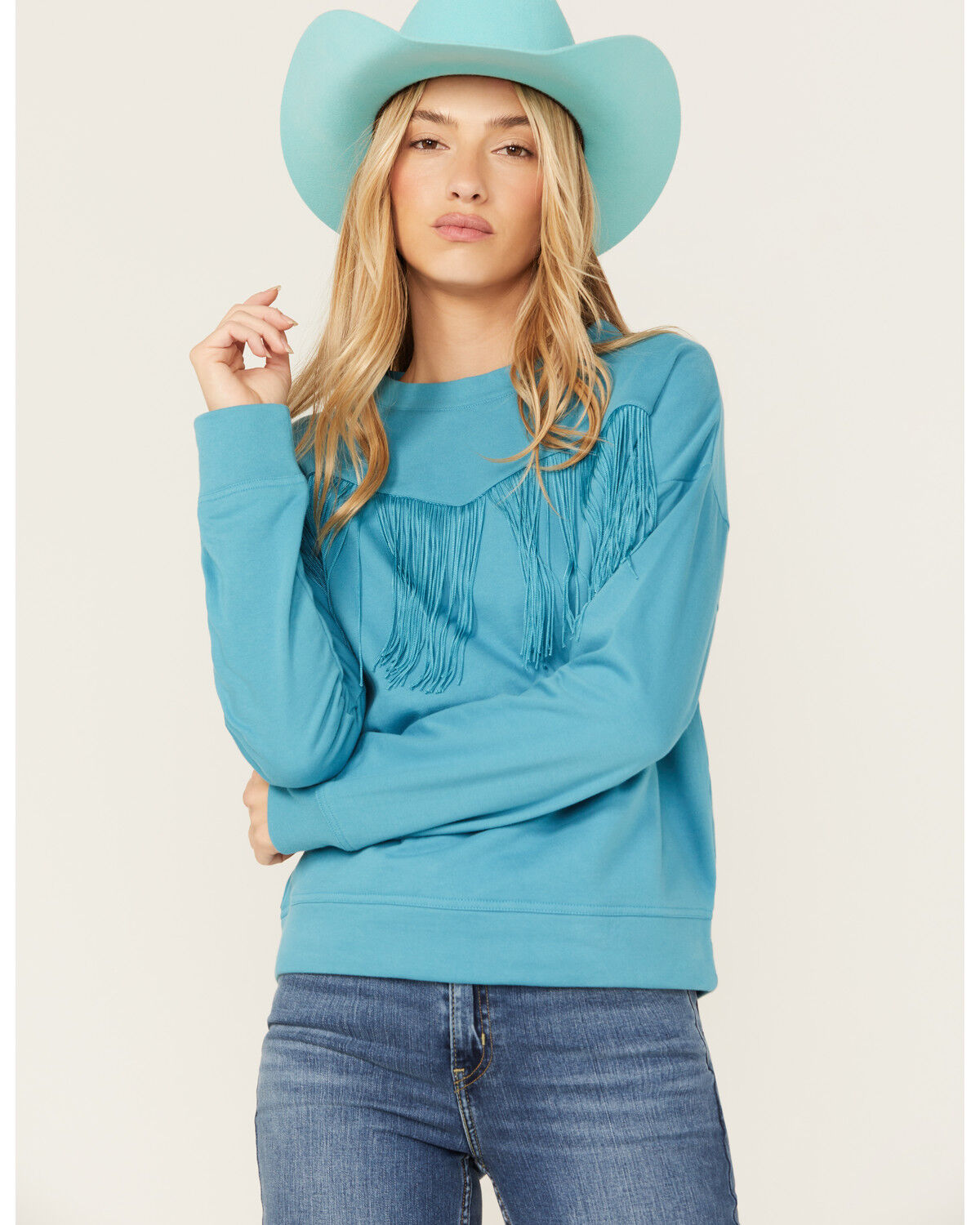 Image #1 - Roper Women's Fringe Fleece Pullover, Turquoise, hi-res