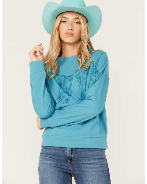 Image #1 - Roper Women's Fringe Fleece Pullover , Turquoise, hi-res