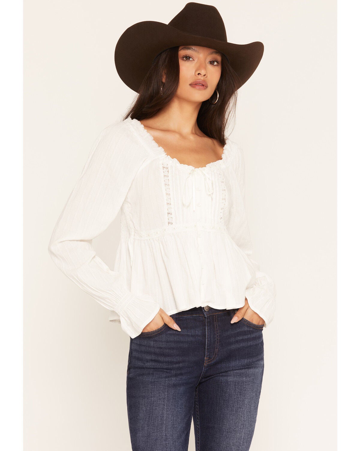 Wonderwest Women's Long Sleeve Lace Trim Button-Front Top, Ivory, hi-res