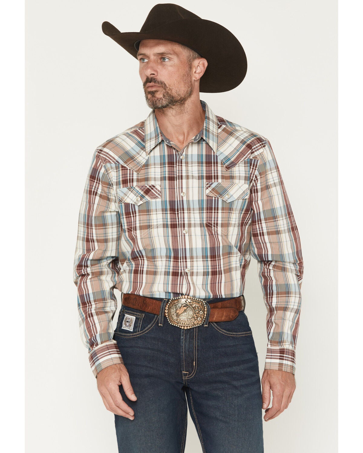 Image #1 - Cody James Men's Ridge Rider Plaid Print Long Sleeve Snap Western Shirt, Tan, hi-res