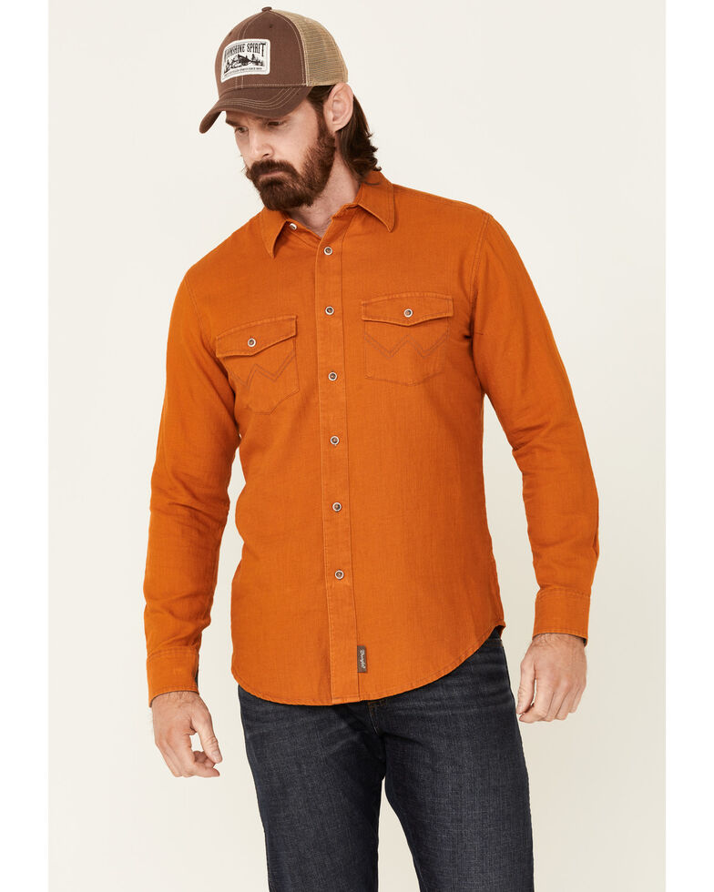 Wrangler Retro Premium Men's Solid Amber Long Sleeve Button-Down Western Shirt , Orange, hi-res