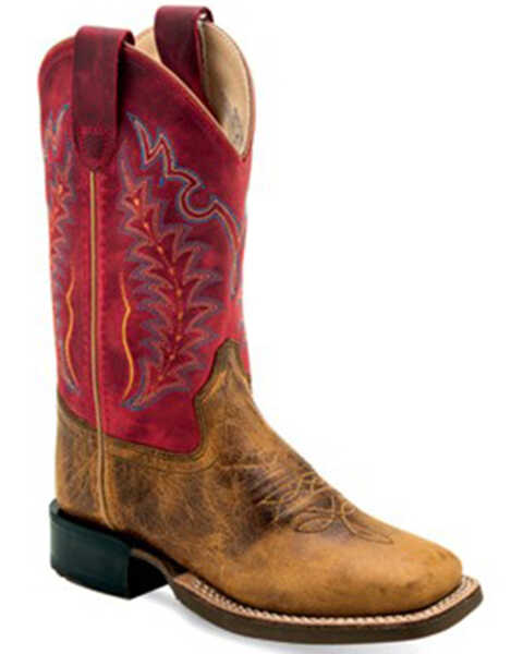 Old West Boys' Burnt Western Boots - Broad Square Toe, Red, hi-res