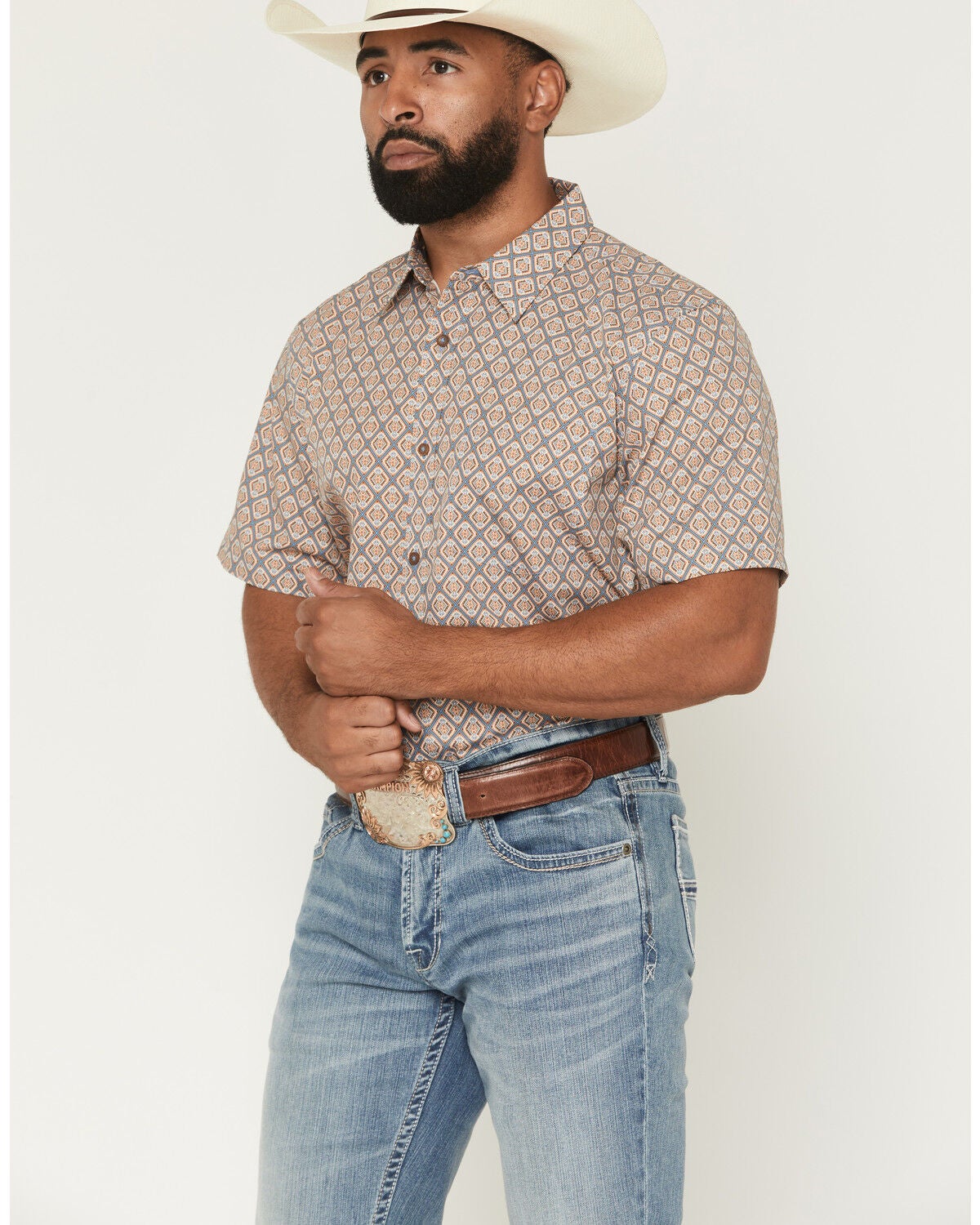 Image #1 - Gibson Trading Co Men's Floyd Geo Print Short Sleeve Button-Down Western Shirt, Blue, hi-res