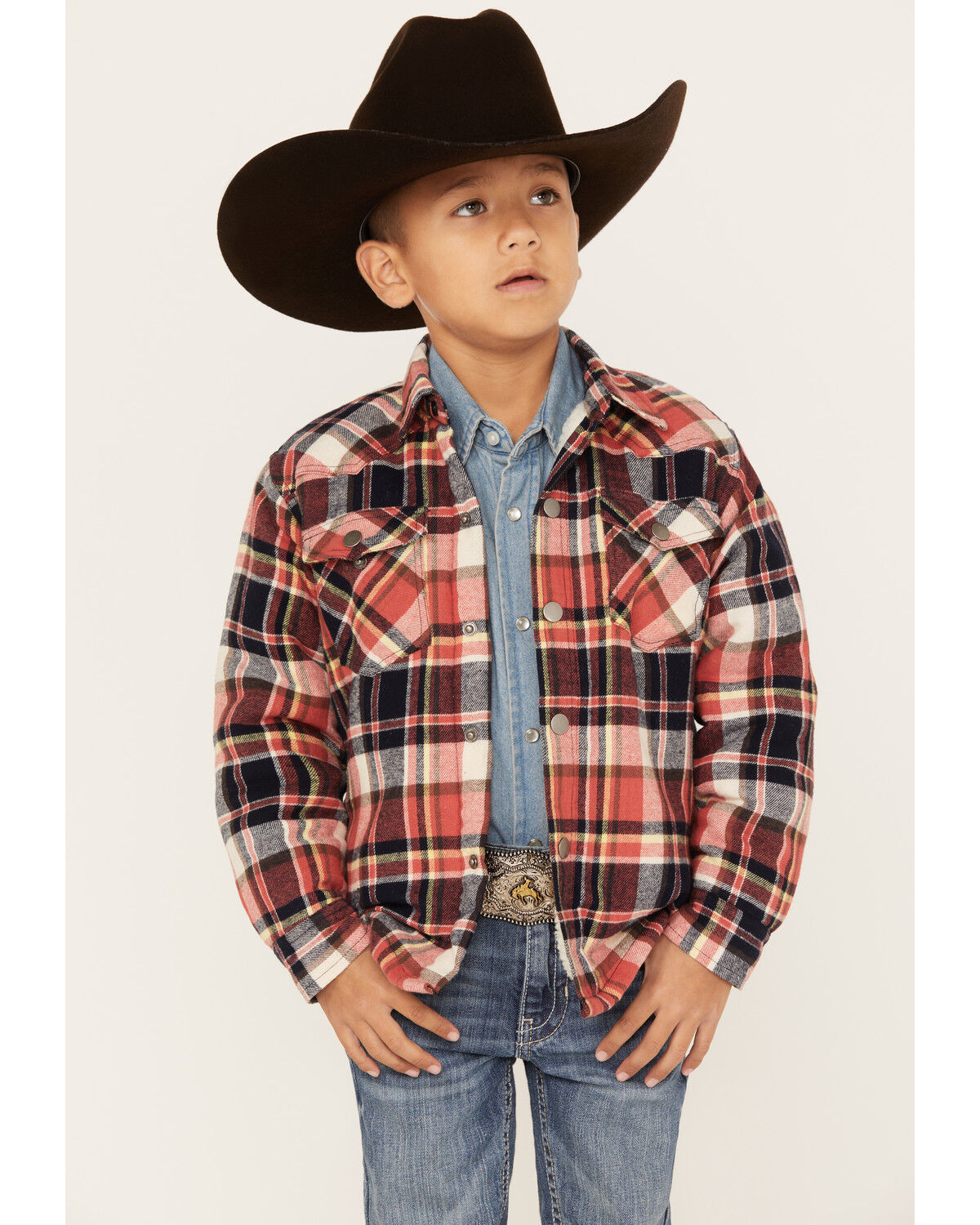 Image #1 - Roper Boys' Plaid Print Long Sleeve Flannel Shacket, Red, hi-res
