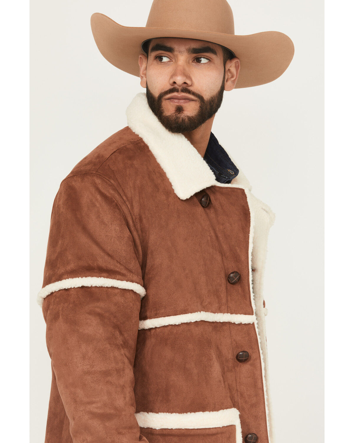Image #2 - Wrangler Men's Faux Suede Sherpa Lined Button-Down Jacket, Camel, hi-res