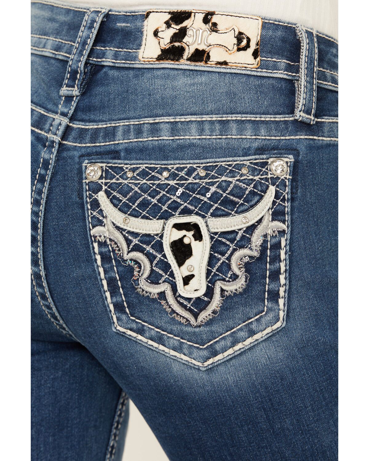 Image #2 - Miss Me Women's Dark Wash Mid Rise Faux Cowhide Longhorn Bootcut Stretch Denim Jeans, , hi-res