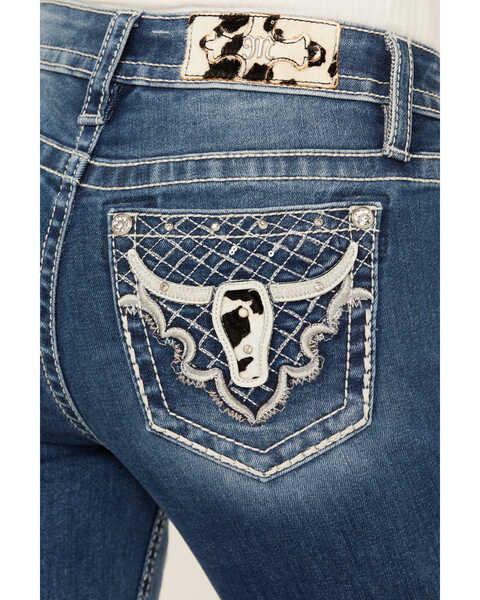 Image #2 - Miss Me Women's Dark Wash Mid Rise Faux Cowhide Longhorn Bootcut Stretch Denim Jeans , Dark Wash, hi-res