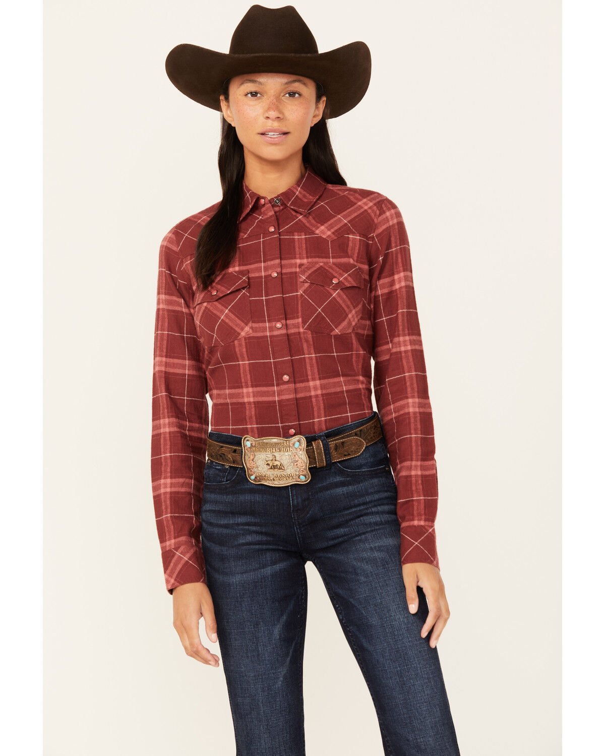 Image #1 - Shyanne Women's Willow Long Sleeve Snap Western Flannel Shirt, Dark Red, hi-res