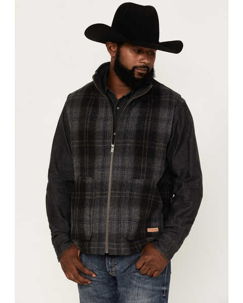 Image #1 - Powder River Outfitters Men's Large Plaid Print Wool Vest, Charcoal, hi-res