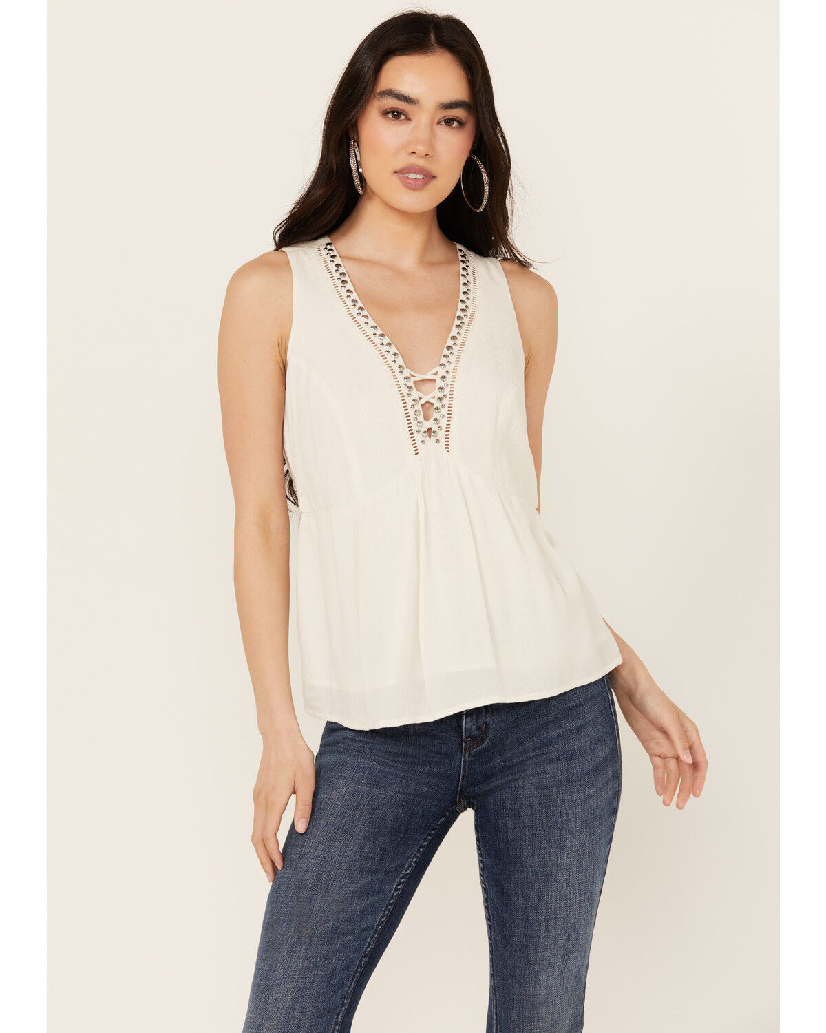 Image #1 - Idyllwind Women's Spruce Criss Cross Front Embellished Tank, Ivory, hi-res