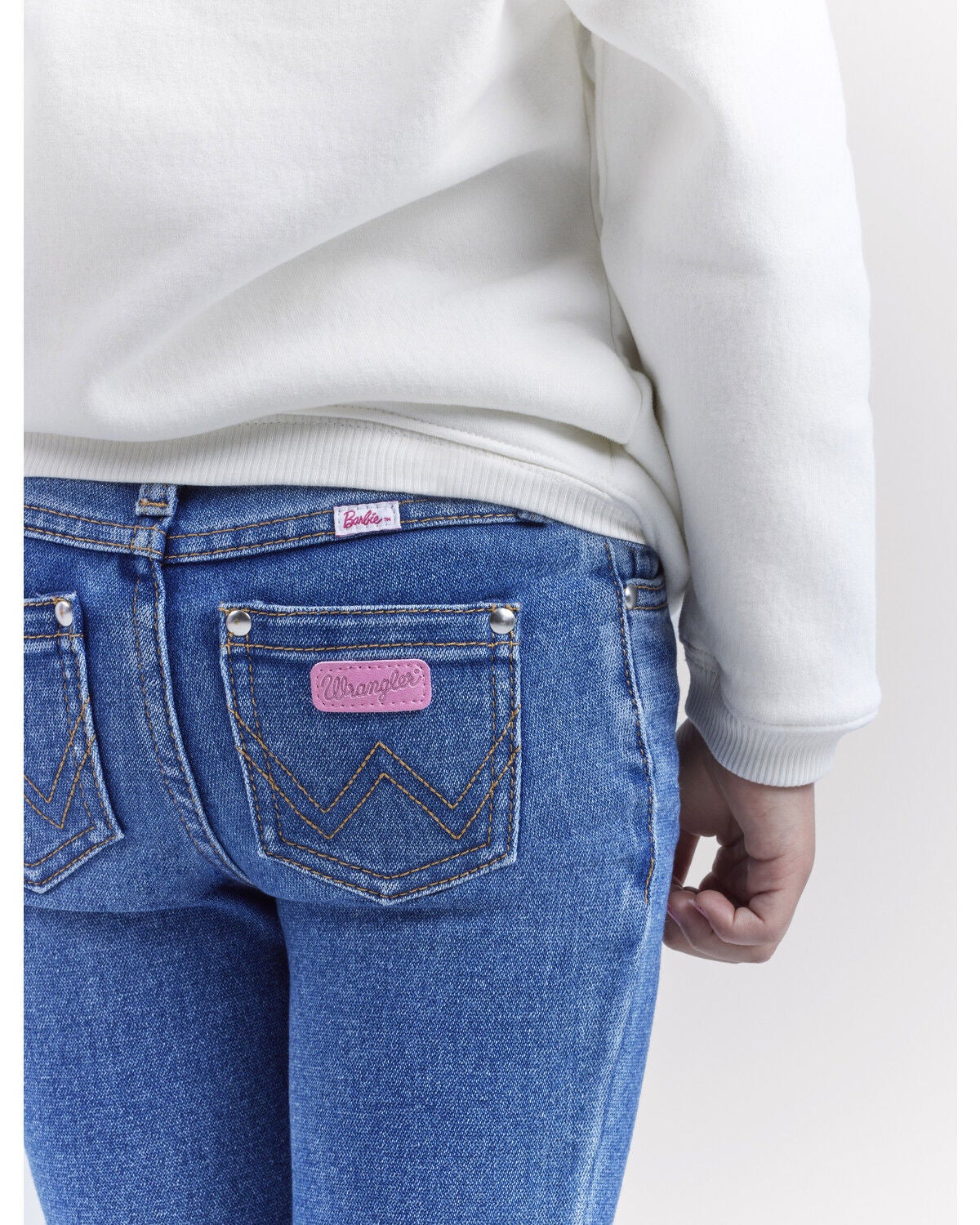 Image #5 - Wrangler&reg; X Barbie&trade; Girls' Medium Wash Mid Rise Pink Patch Stretch Flare Jeans, Medium Wash, hi-res