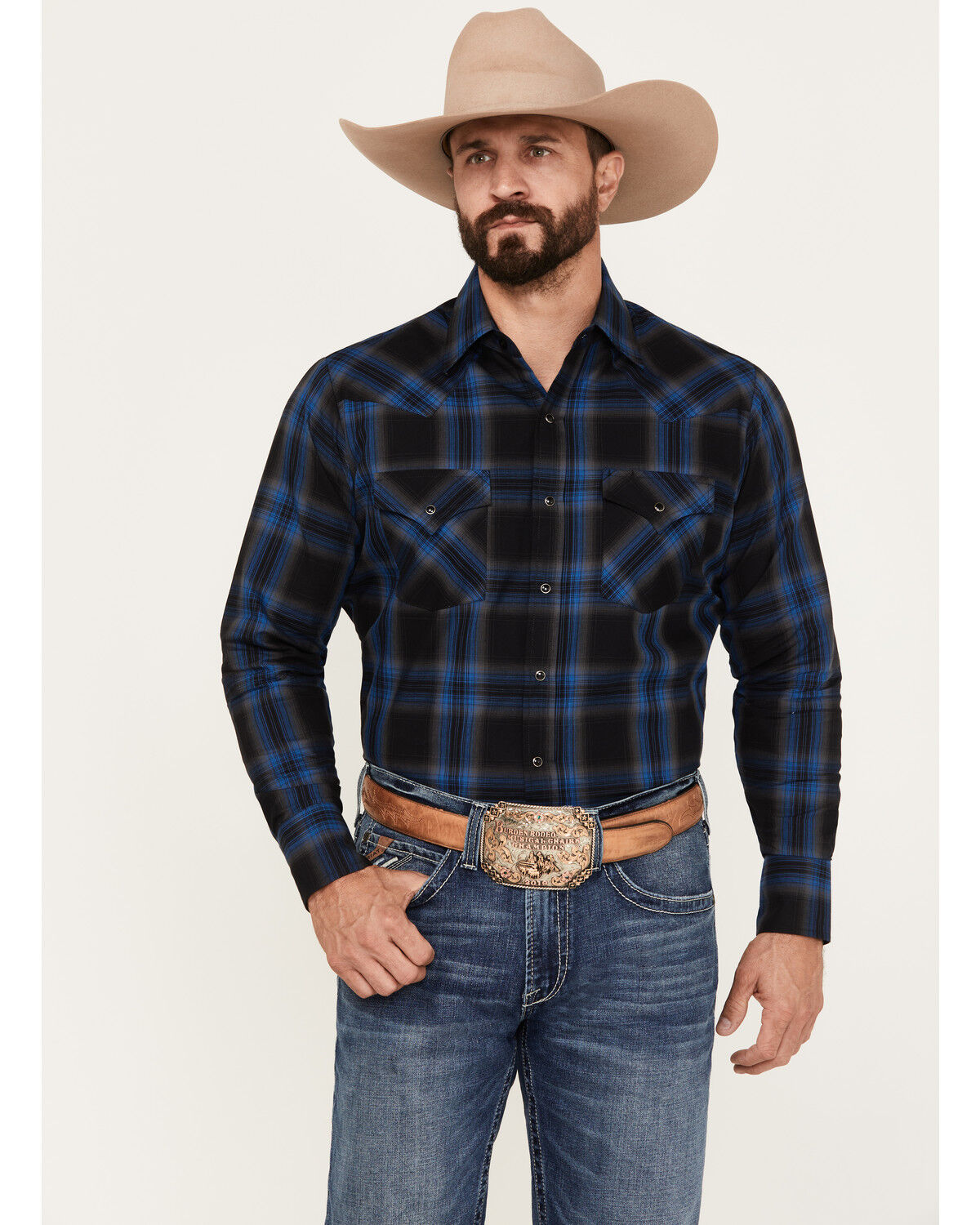 Image #1 - Ely Walker Men's Plaid Print Long Sleeve Snap Western Shirt, Black, hi-res