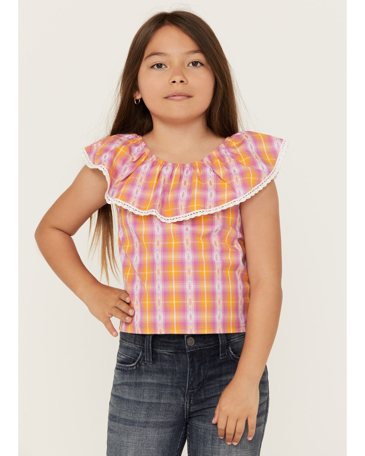 Image #1 - Shyanne Girls' Grid Plaid Print Ruffle Top, Grape, hi-res