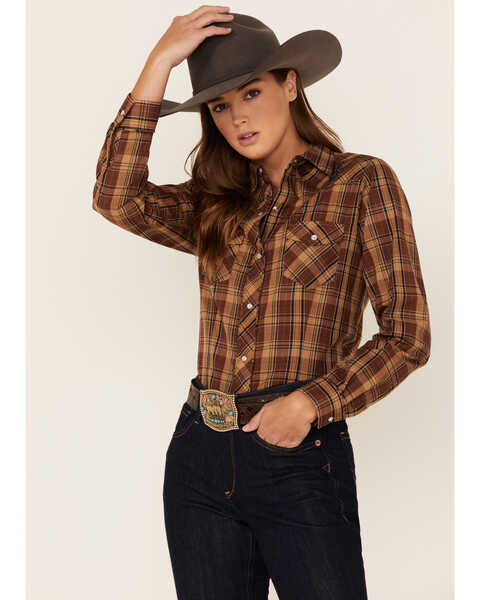 Image #1 - Roper Women's Plaid Print Long Sleeve Pearl Snap Western Shirt, Brown, hi-res