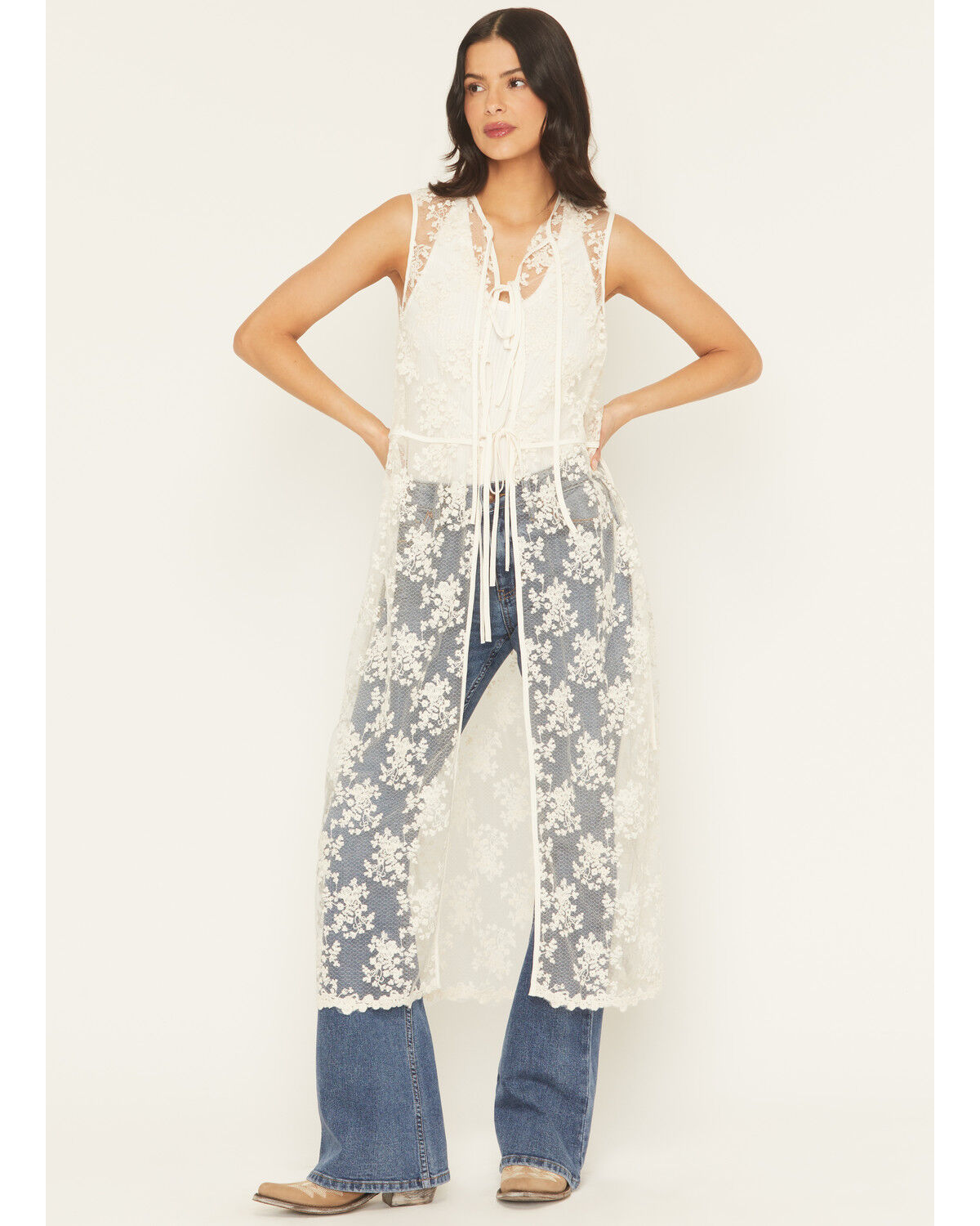 Image #2 - Listicle Women's Sleeveless Floral Lace Tie Front Kimono, Ivory, hi-res
