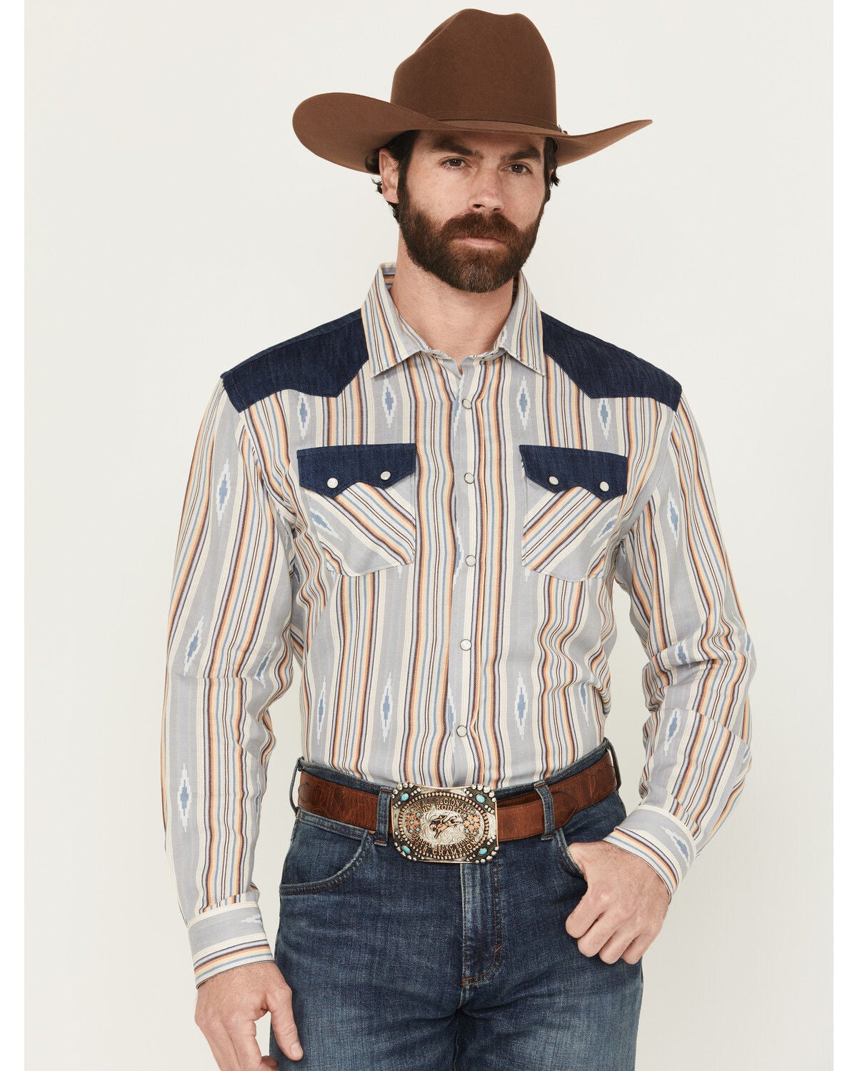 Image #1 - Panhandle Men's Southwestern Striped Long Sleeve Snap Western Shirt, Natural, hi-res