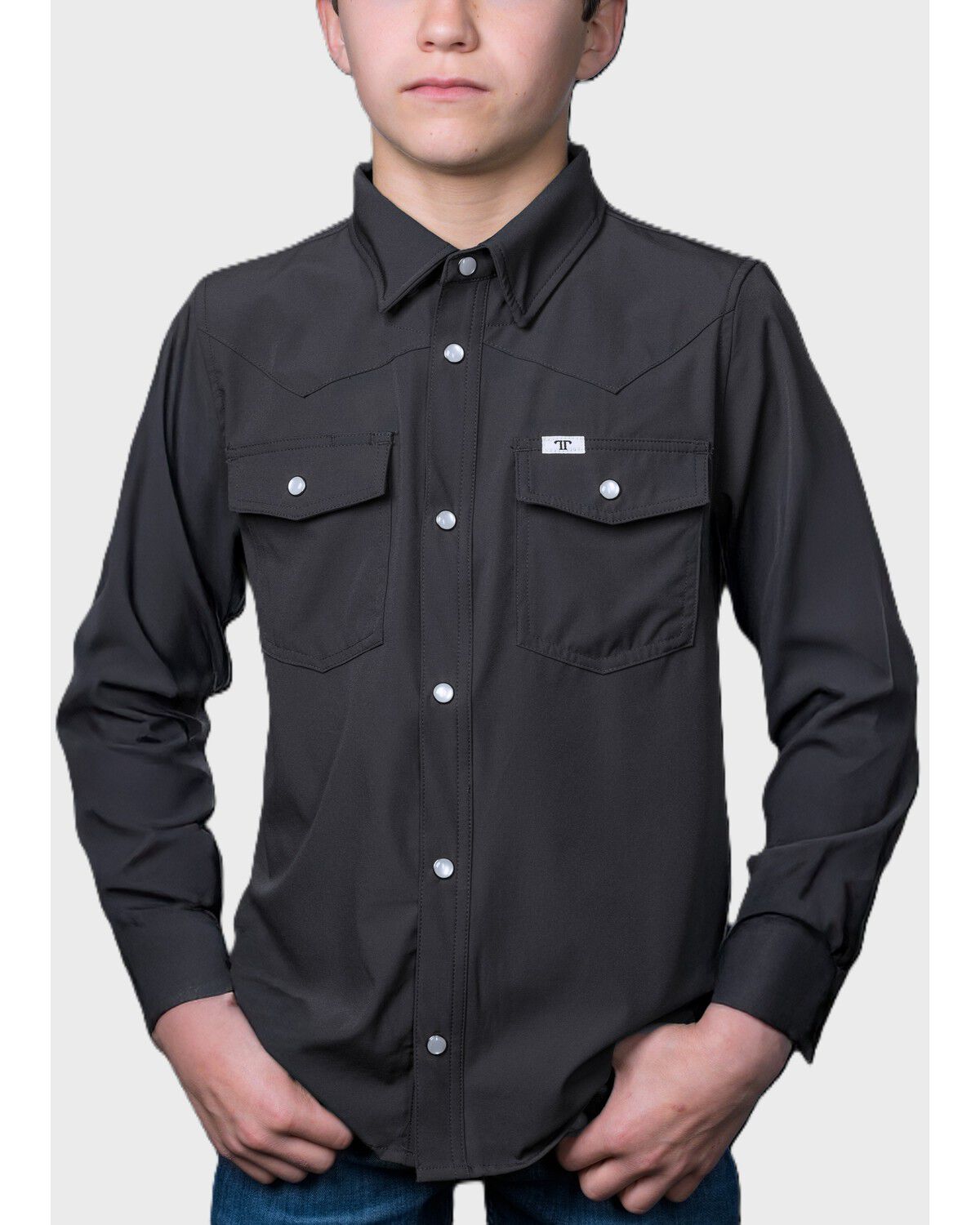 Ferrell Boys' Tek Solid Long Sleeve Pearl Snap Performance Western Shirt, , hi-res