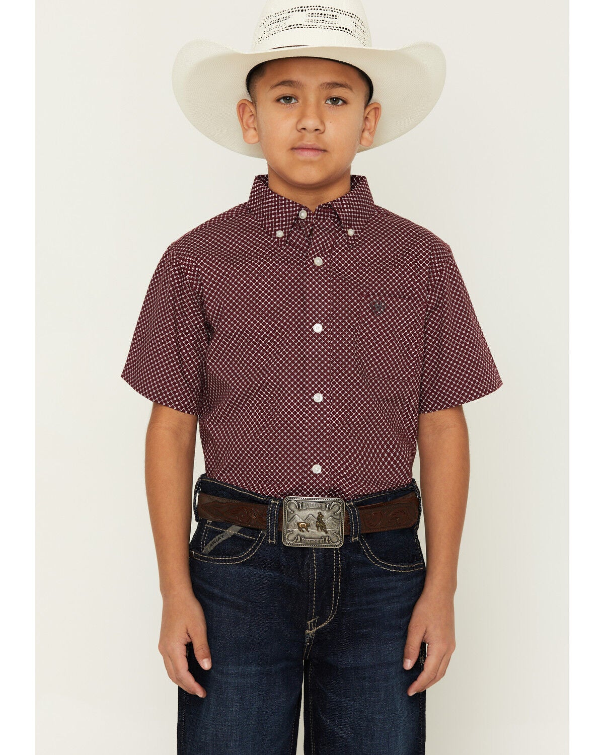 Ariat Boys' Geo Print Short Sleeve Button-Down Western Shirt, Maroon, hi-res
