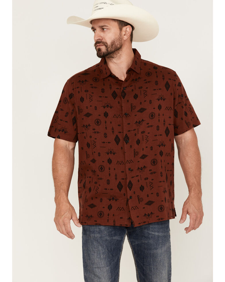 Gibson Men's Lookout Southwestern Print Short Sleeve Button-Down Western Shirt , Red, hi-res