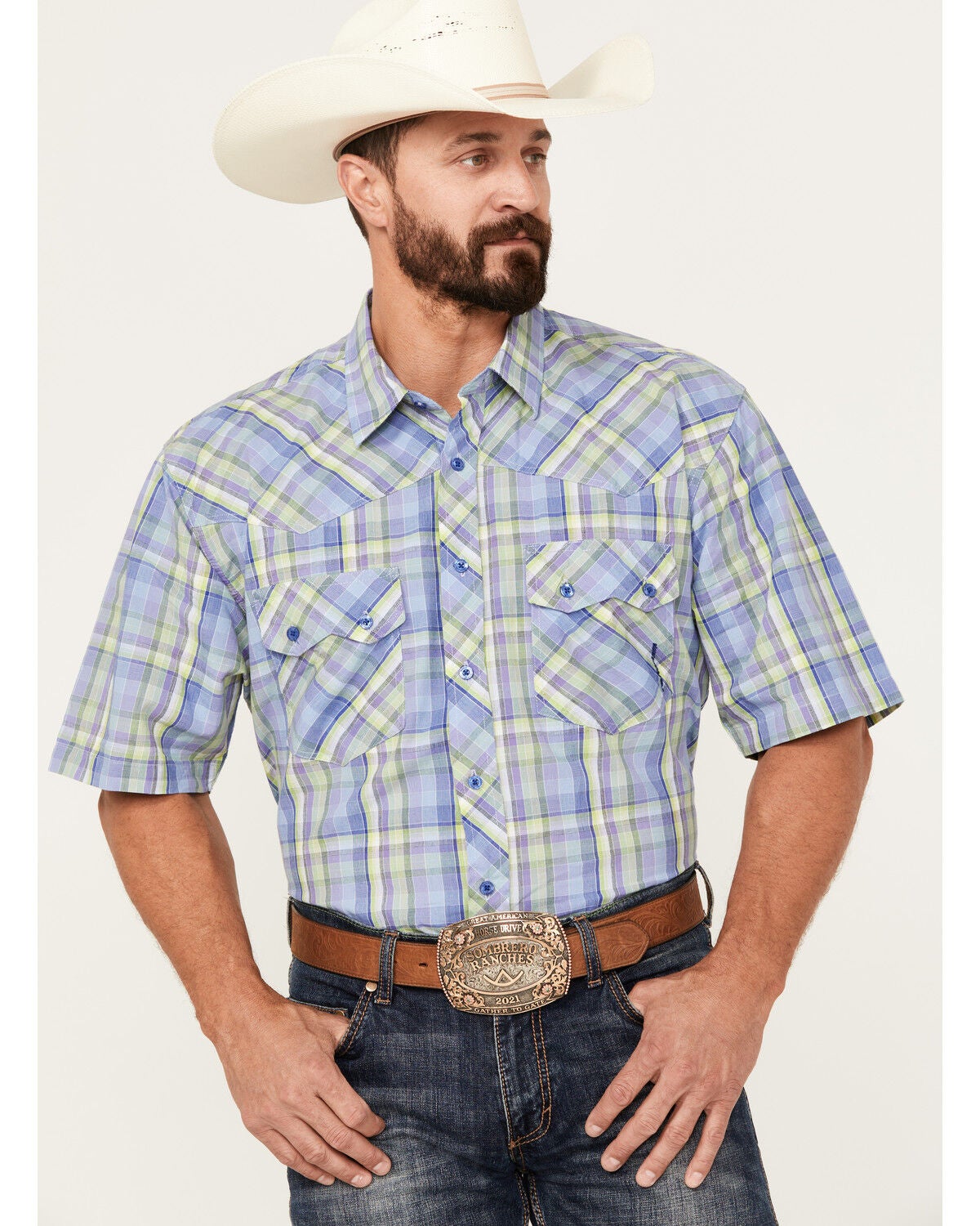 Resistol Men's Miramar Plaid Print Short Sleeve Button Down Western Shirt, Light Purple, hi-res