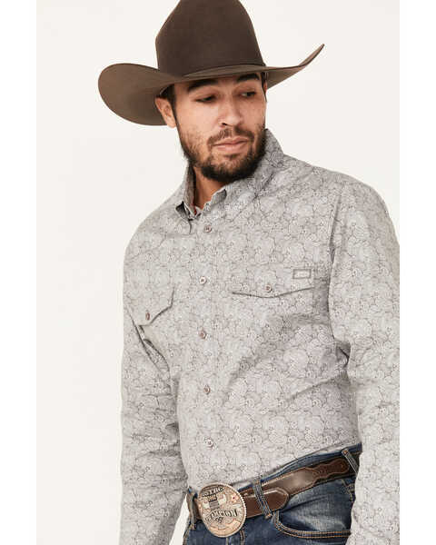 Image #2 - Justin Men's Boot Barn Exclusive Paisley Print Long Sleeve Button-Down Stretch Western Shirt, Grey, hi-res