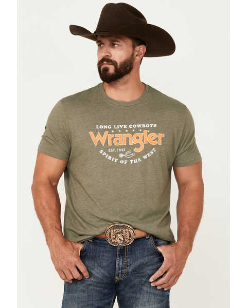 Image #1 - Wrangler Men's Boot Barn Exclusive Logo Short Sleeve Graphic T-Shirt, Olive, hi-res