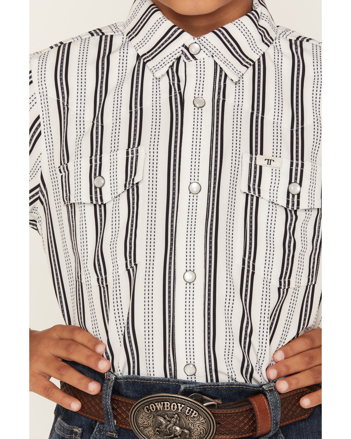 Image #3 - Ferrell Boys' Jake Tek Striped Print Short Sleeve Snap Performance Western Shirt, White, hi-res