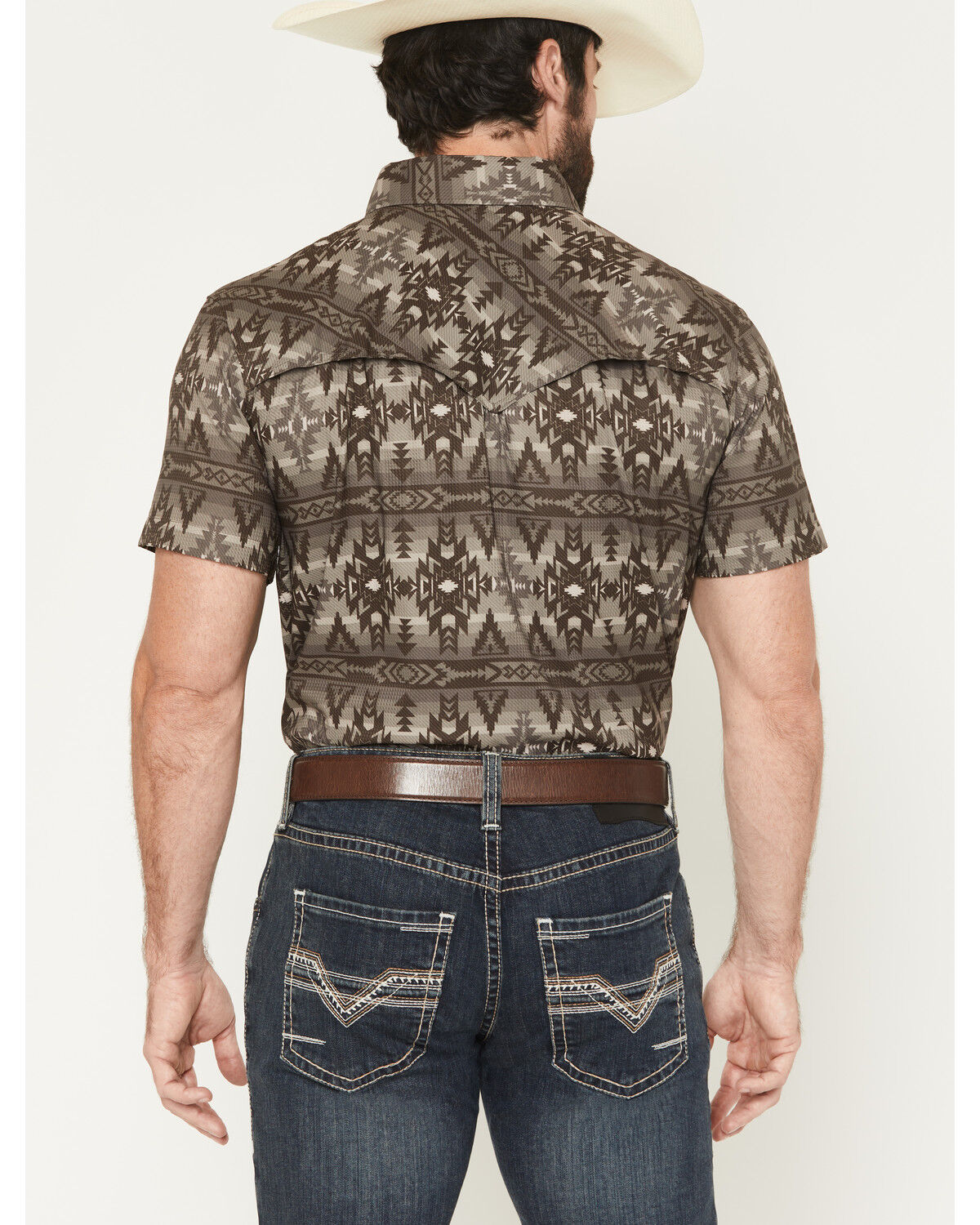 Image #4 - Rock & Roll Denim Men's Tek Southwestern Print Short Sleeve Snap Stretch Western Shirt, Brown, hi-res