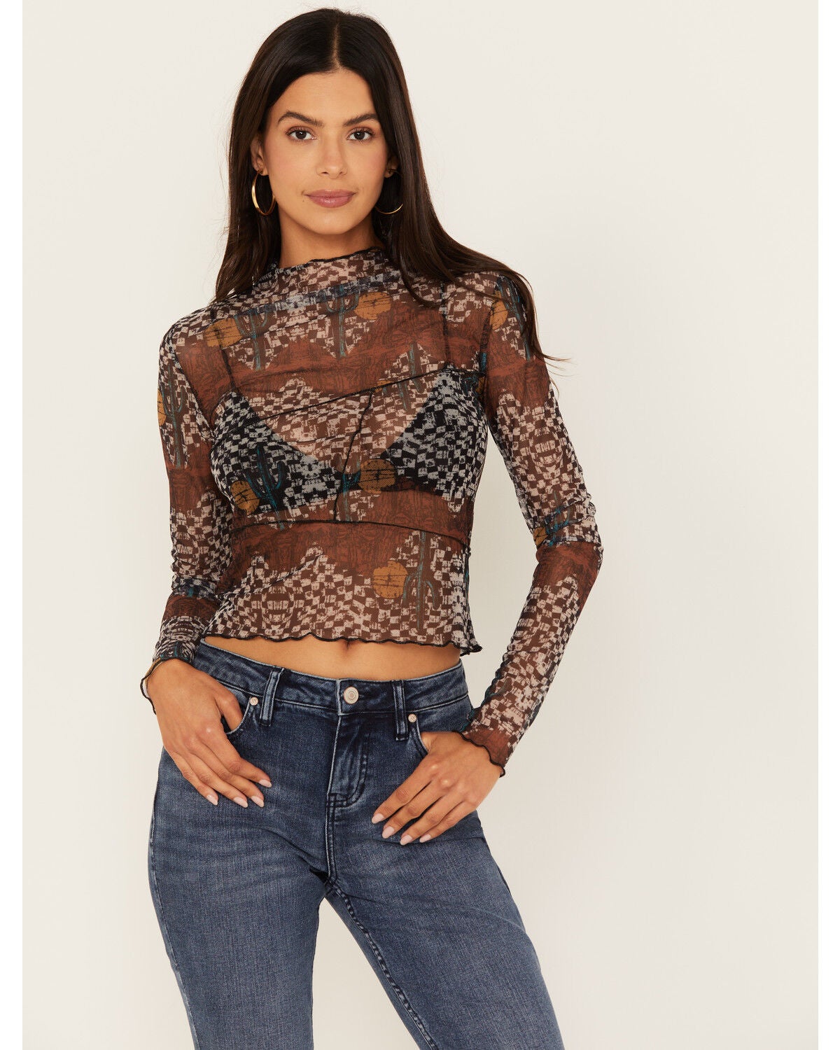 Rock & Roll Denim Women's Floral Check Print Mesh Long Sleeve Top, Multi, hi-res