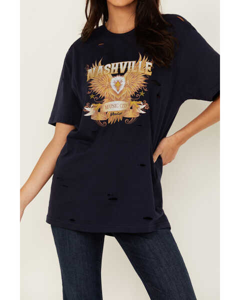 Image #3 - Bohemian Cowgirl Women's Eagle Destructed Short Sleeve Graphic Tee, Navy, hi-res