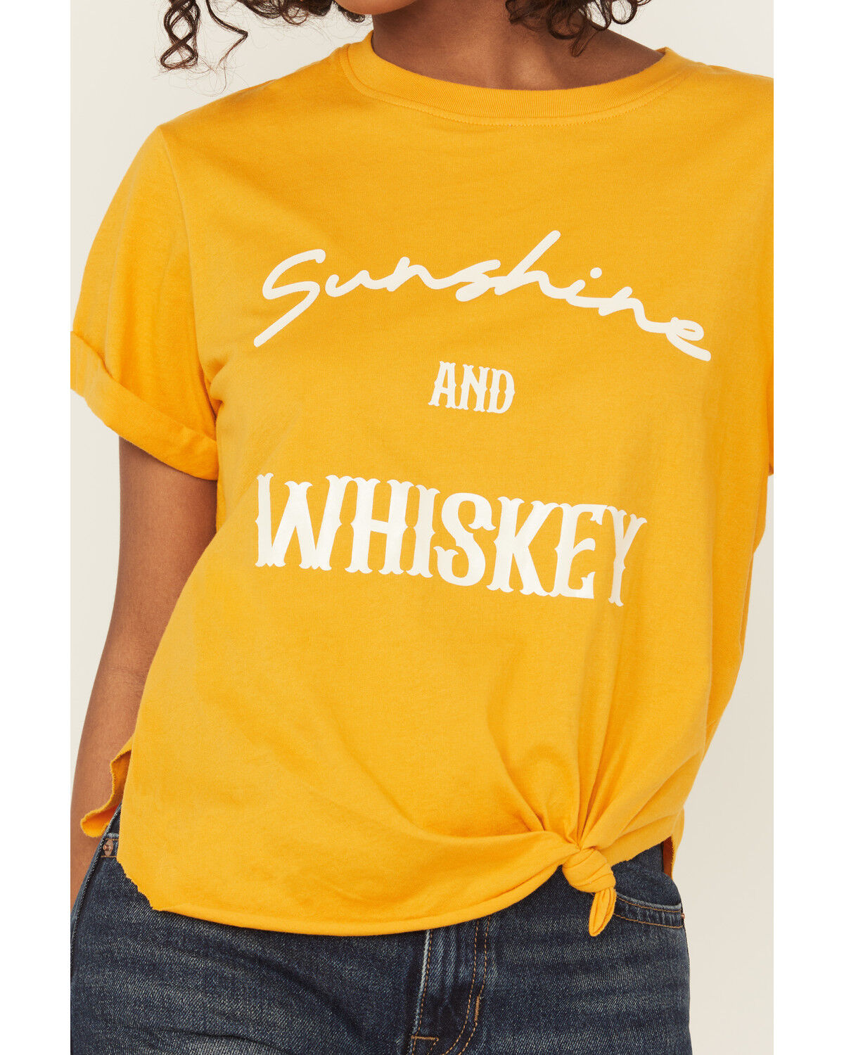 Image #3 - Shyanne Women's Sunshine and Whiskey Short Sleeve Tie-Front Graphic Tee, Gold, hi-res