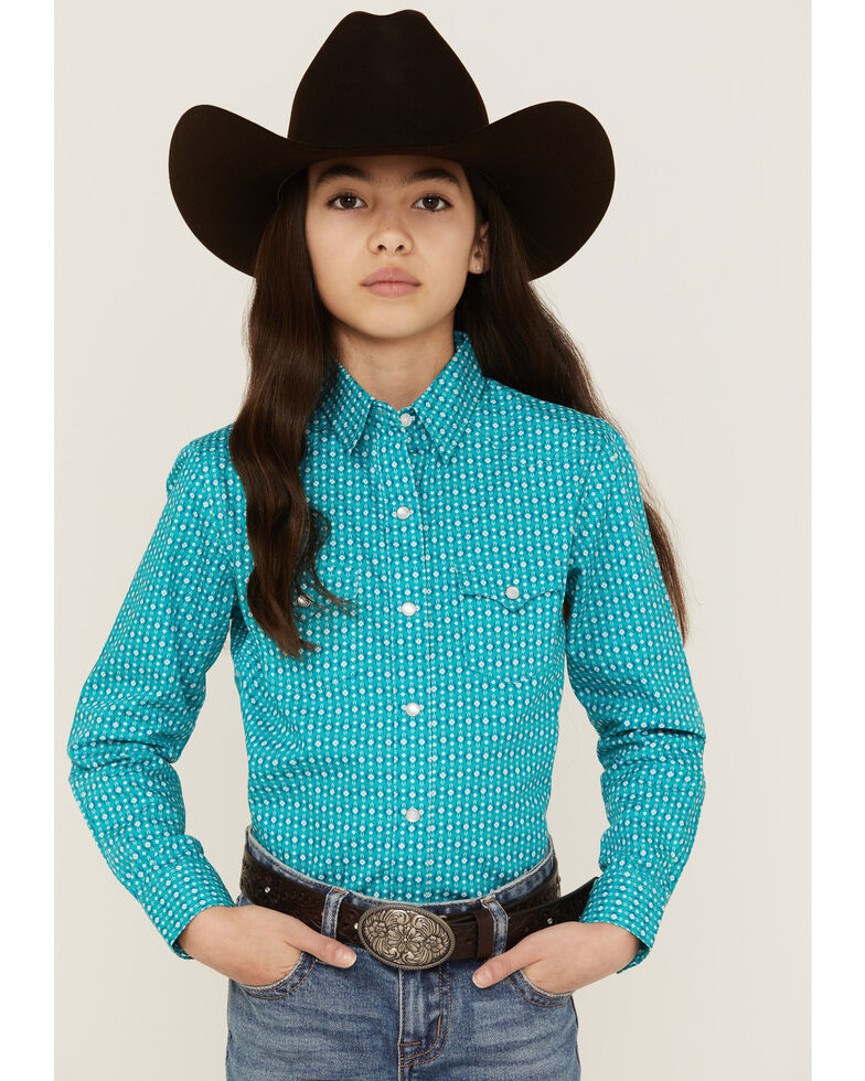 Panhandle Girls'  Micro-Geo Print Long Sleeve Snap Shirt, Turquoise, hi-res