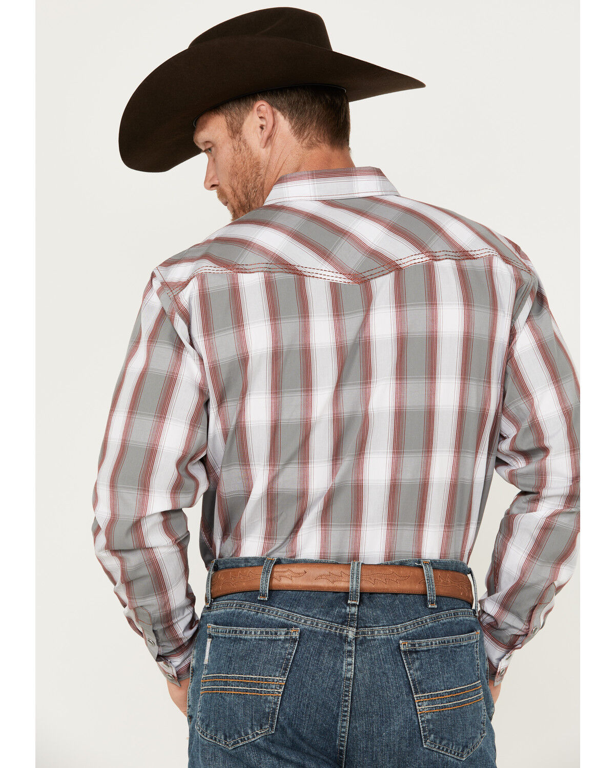 Image #4 - Cowboy Hardware Men's Hombre Plaid Print Long Sleeve Pearl Snap Western Shirt, Grey, hi-res