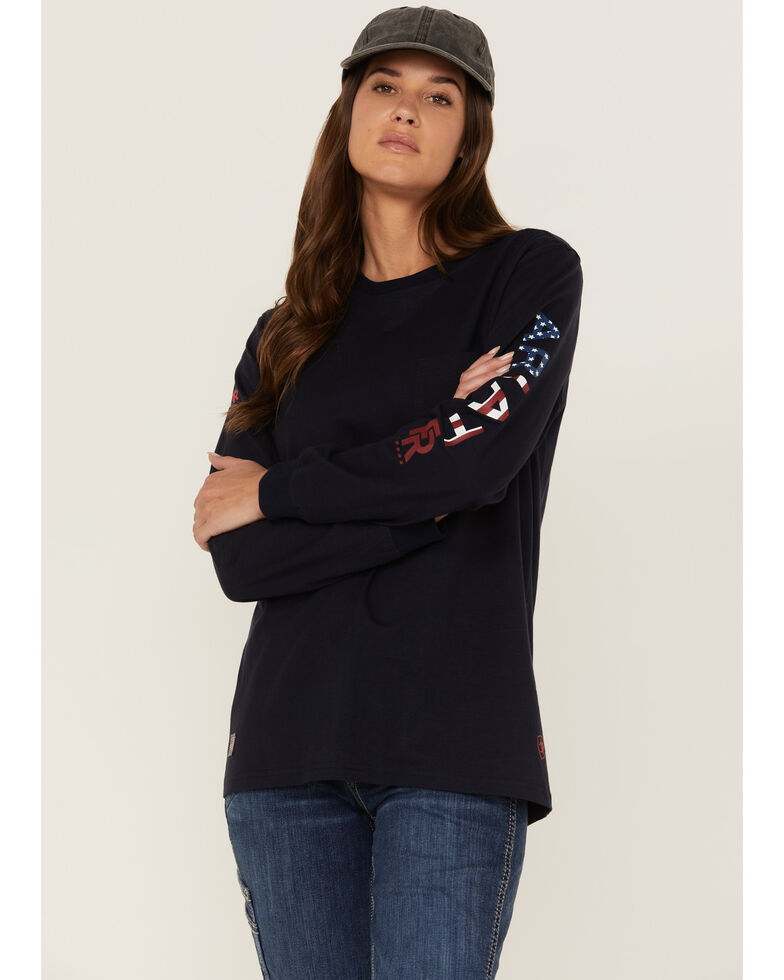 Ariat Women's FR Navy USA Stretch Logo Long Sleeve Work Pocket T-Shirt , Navy, hi-res