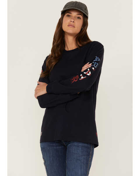 Ariat Women's FR USA Stretch Logo Long Sleeve Work Pocket T-Shirt , Navy, hi-res